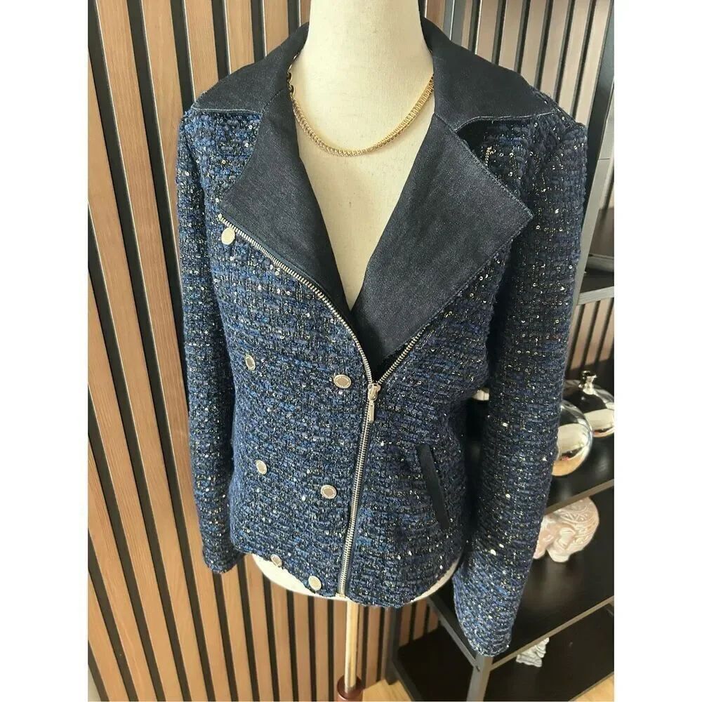 White House Black Market Women Size 6 Navy Tweed Gold Sparkly Moto Jacket jeans